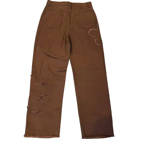 NWT ~ Brown Raw Edge Hem & Frayed Flowers Denim Jeans Pants ~ Women's MEDIUM Size undefined