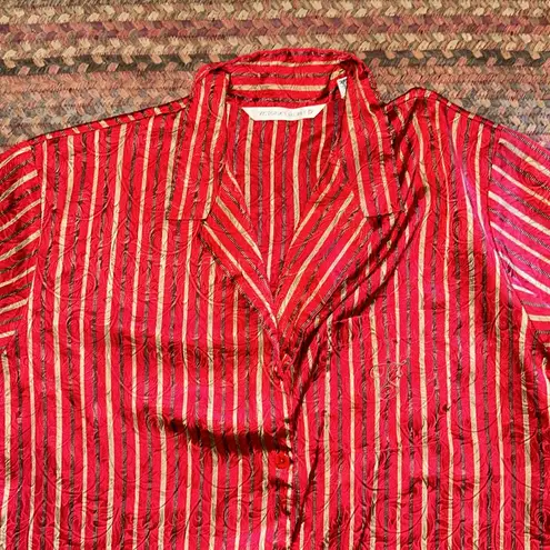 VTG VICTORIAS SECRET RED & GOLD STRIPE SATIN LONG SLEEVE NIGHT SHIRT BUTTON UP Size M