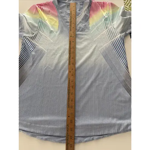 Lucky In Love Shirt Womens M Blue White Stripe Rainbow Tennis Golf Pickleball Size M