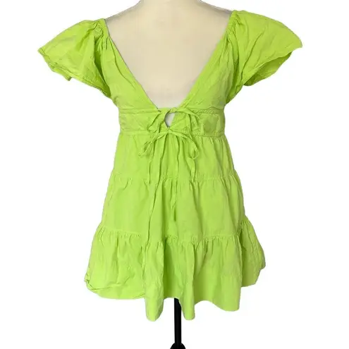 HAUSEN Mini Dress Womens Size S Lime Green Ruffle Tiered Square Neck Summer