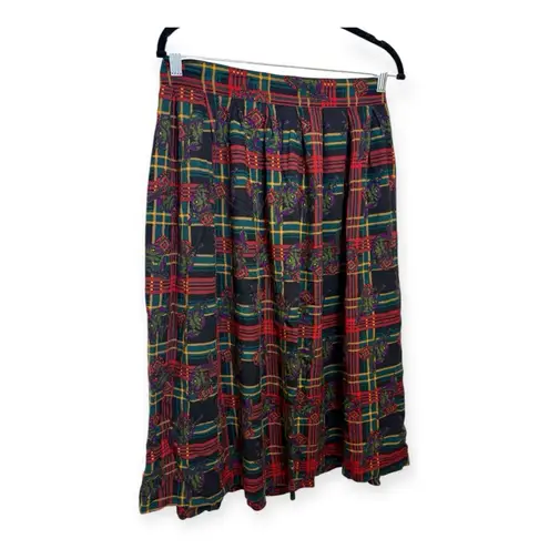 Vintage Lee David Floral Plaid Midi Skirt Holiday Tartan Dark Academia 14 Red