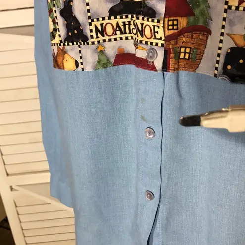 Vintage 90s Cascade Blues Christmas Patchwork Shirt Blue M Size M