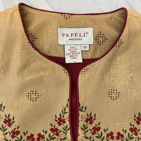 Adrianna Papell Whimsygoth Gold Burgundy Floral Beaded Silk Blazer Jacket 6 / S Red Size 6P