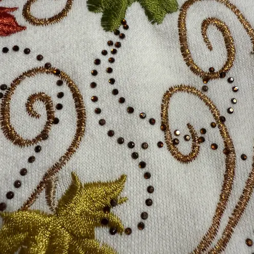 🍂 Cozy Fall Multicolor Leaf Embroidered Sweatshirt with Bead Embellishments 🍁 L White Size L