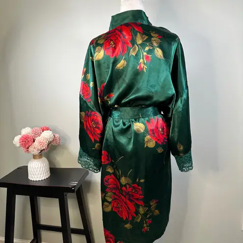 VTG Solange Satin Green Floral Lace Trim Kimono Robe Women's XL