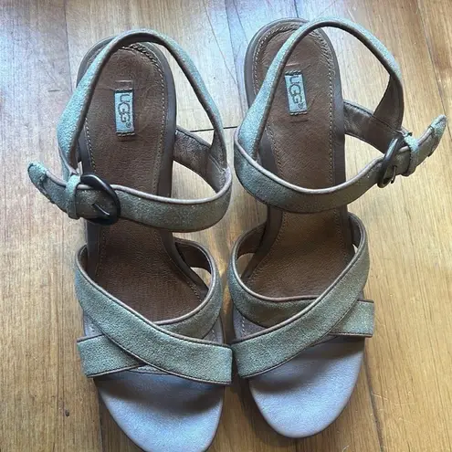 UGG  Women’s Cork Wedge Sandals Size 9 In Washed Metallic Gold