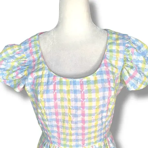 Vintage Denise L Pastel Gingham Plaid Maxi Dress Puff Sleeve Eyelet Maxi Cottage Pink Size XS