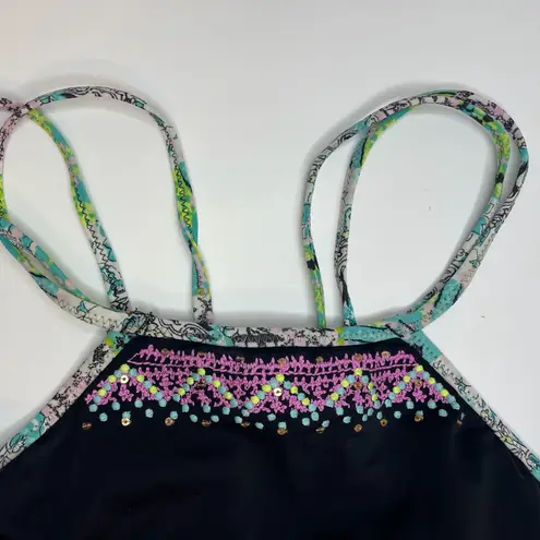 Victoria's Secret  Y2K Bikini High Neck Black Embroidered Strappy Swim Top Size M