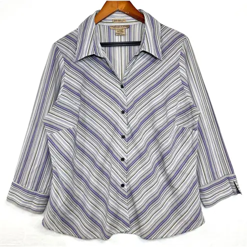 Notations Y2K XL Purple Striped Top Buttoned Asymmetrical Stretch Work 3/4 90s