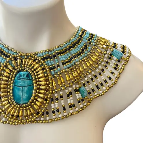 Ancient Egyptian Revival Beaded Scarab Collar
Necklace Handmade Statement Piece Blue