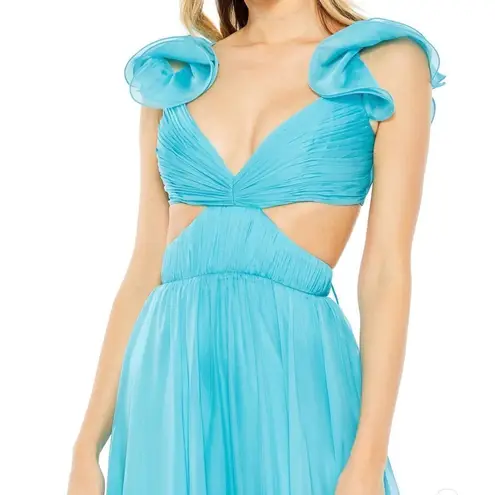 Mac Duggal 70254 Womens Blue Ruffled Shoulder Cut Out Lace Up Gown Dress