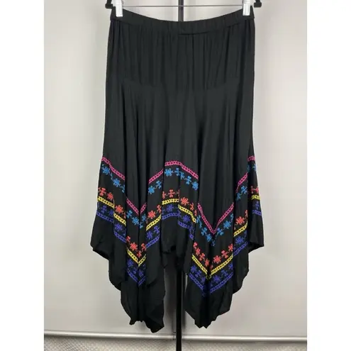 Azel Hazel Black Colorful Embroidered Handkerchief Hem Elastic Waist Skirt Sz L Size L