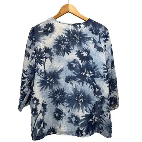 Alfred Dunner Petite ALFRED DUNNER Floral V Neck Top Sz 14 Petite Blue White Lined Beaded 3/4 Sleeve