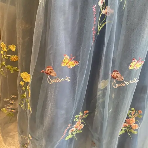 Women’s Blue Prom Party Dress Embroidered Flowers Butterflies Corset Back Size 4 Blue