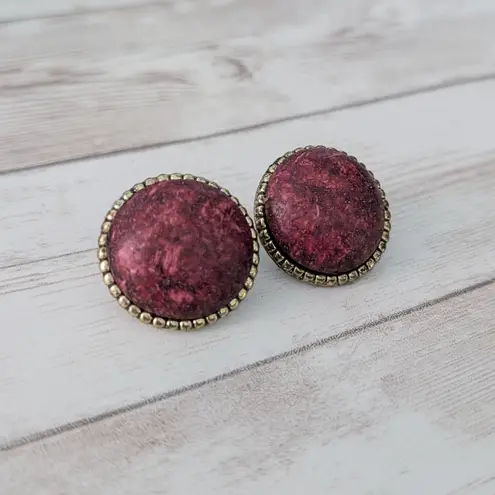 Vintage Clip On Earrings 1" Patterned Deep Red with Halo