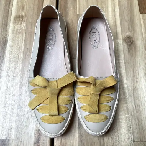 Tod's Women Beige Leather Espadrille Loafer Flats Suede Ribbon Bow Size 5.5 Tan