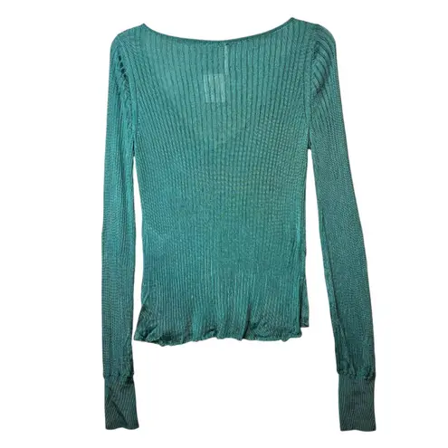 Free People  Sweater Womens Small Green Ribbed V-Neck Long Sleeve Knit OB1361173