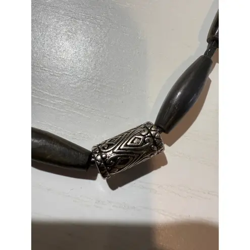 Wood Bead Necklace with Silver Tone Accent Beads – Boho Jewelry Black