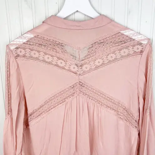 Free People  Wild Wind Light Pink Lace Inset Boho Button Down Tunic Size Small
