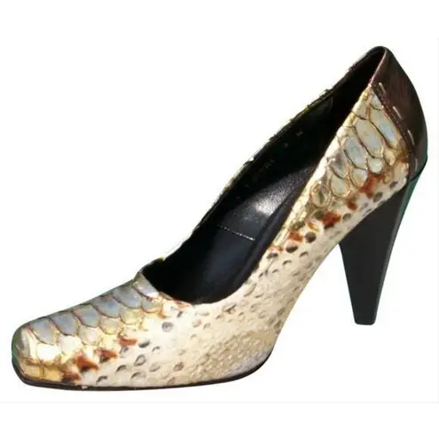 Donald Pliner Couture Hand Painted Metallic Python Leather Pump Shoe New $595 Gold Size 6