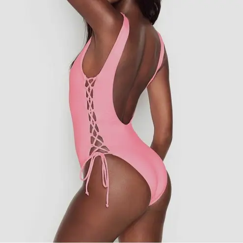 The Bikini Lab  Pink Lace-Up Side Low-Back One-Piece Swimsuit Women’s Size Large