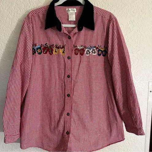 Bobbie Brooks Red Gold Checkered Plaid Mitten Holiday Blouse 18W/20W 2X Velvet C