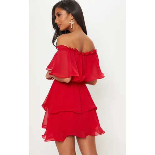 Pretty Little Thing  Red Off the Shoulder Chiffon Ruffle Mini SZ XS