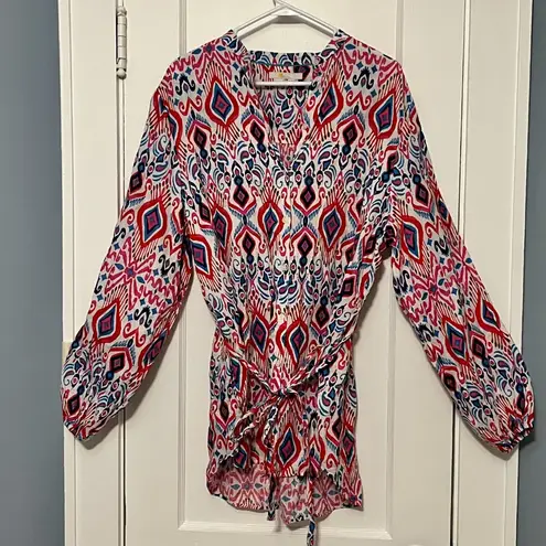 Boden rosie 100% linen tunic top button front multicolor ikat size 10R preppy Red