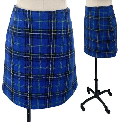 Vintage 90s Express Plaid Wool A Line Mini Skirt Blue Yellow Black Womens XS