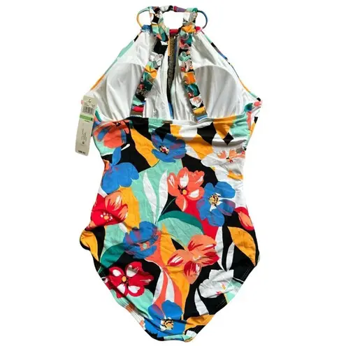 Anne cole High Neck Keyhole Ruched Floral One-Piece Bathing Swim Suit NWT 8