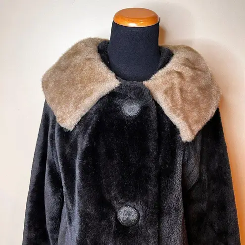 VTG 50s/60s Womens Coat Sz L Fur Black Brown Midi Large Collar Mad Men Retro