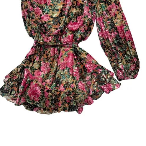 HEMANT & NANDITA One Shoulder Floral Metallic Ruffle Mini Dress XL FLAWED Pink