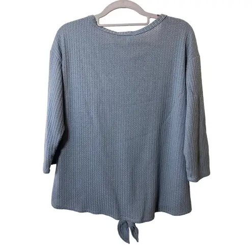 Gyft Blue Tie Front Waffle Knit 3/4th sleeve women's top Sz L