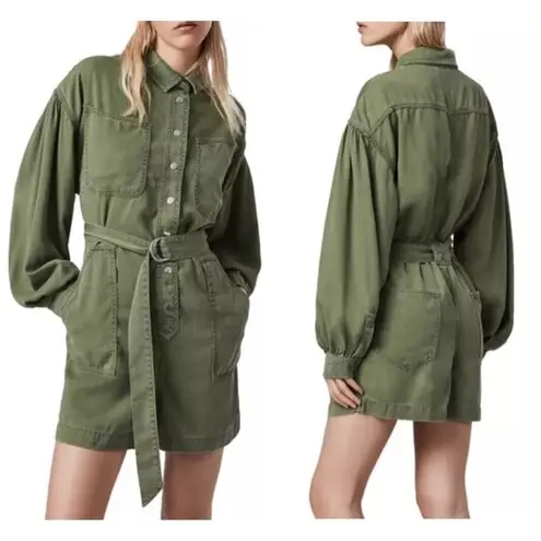 AllSaints Jess Long Sleeve Romper Women’s Size 8 Khaki Green Utility Style