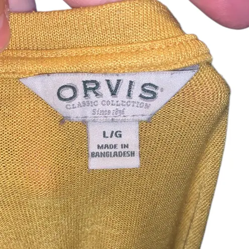 Orvis Knit Top Womens L Large Mustard Rayon Blend V Neck Cap Sleeve Hi-Low Hem