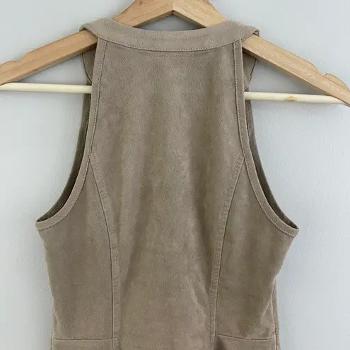 Guess 90's Vibes Tan Beige Faux-Suede V Neck Zip Front Peplum Tank Top