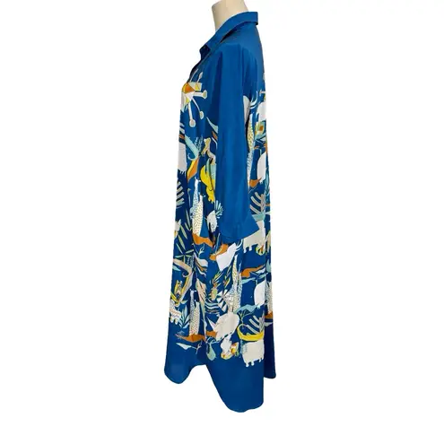 Rumisu 100% Silk Midi Shirt Dress Expedition African Collection Small/Medium Blue
