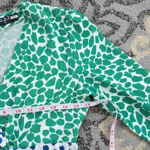 O.P.T. Cope Patchwork Polka Dot Colorblock Ruffle Twist Front Maxi Dress Small Green