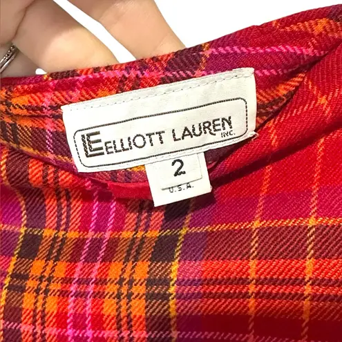 Vintage Elliot Lauren Pink Orange Plaid Wool Skirt Size 2 USA Knee Length