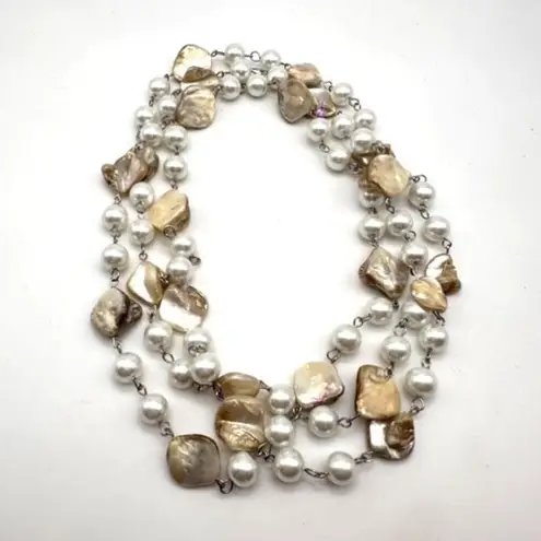 Vintage Long Pearl Necklace and Shell Pearl 53”Double Classic White