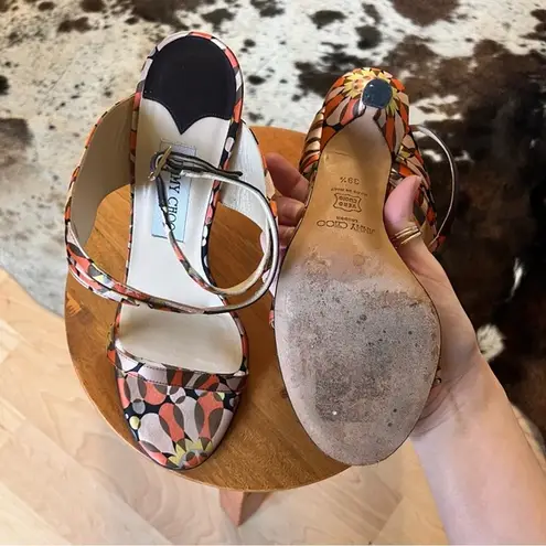 Jimmy Choo Geometric Groovy Print Satin Heels Ankle Wrap Size 39.5