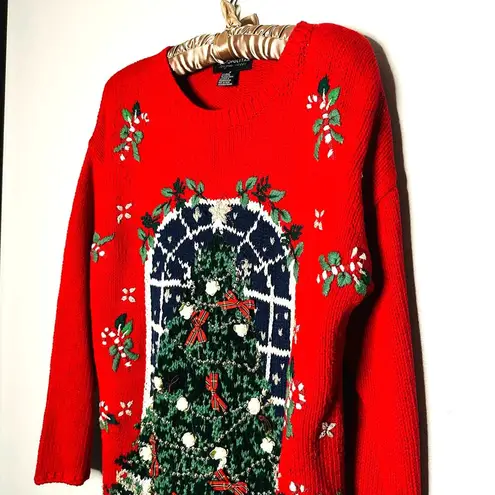 Vintage 90s Metropolitan New York Red Ugly Tree Bows Candy Cane Sweater Size S
