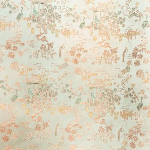 Vintage 1950s 1960s Green Orange Asian Inspired Floral Crane Brocade Silk Dress Size undefined