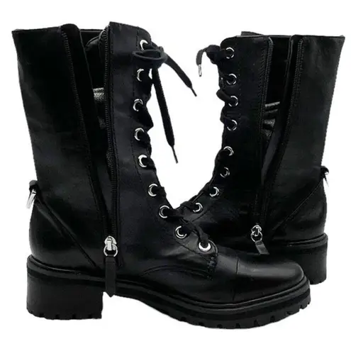Schutz Maurissa Black Leather Lug Sole Lace-up Heeled Combat Boots Womens Size 8