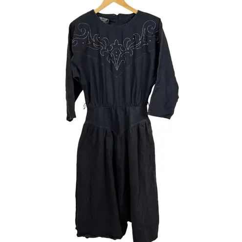 PG Collections Western Style Black Denim Dress with White Embroidery Size 10