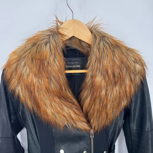 River Island Moto Jacket Womens 6 Black Faux Leather Faux Fur Trim Belt Pockets