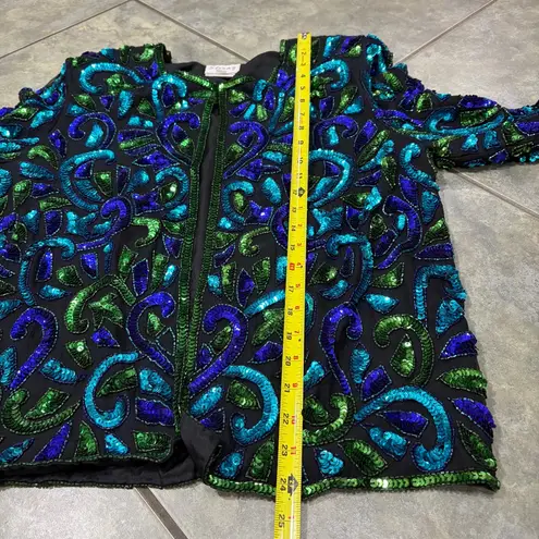 Vtg Stenay Womens Multi Colored Sequined and Beaded Cardigan Retro Funky Hippie Blue Size L