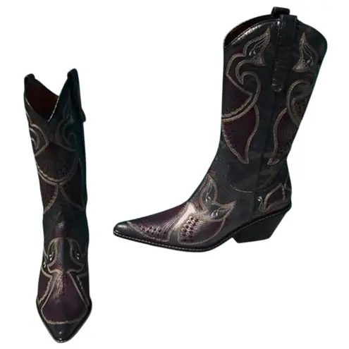 Donald Pliner Western Black Metallic Leather Intricate Stitch Boot New $750 NWT Size 5.5