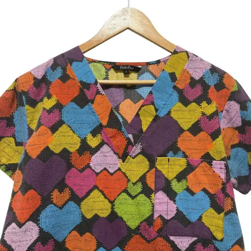 Just Love Women Scrub Top S Multicolor Heart Print Nurse Medical Uniform Pockets