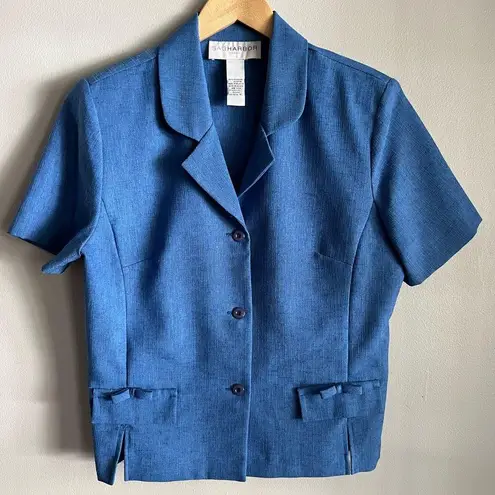 Vintage Sag Harbor Blue Short Sleeve Blazer Top Size 14 Bow Pocket Detail